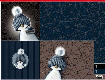 Samt Chenille Kissenpanel mit Pinguinen mit Bommelmütze in Nachtblau